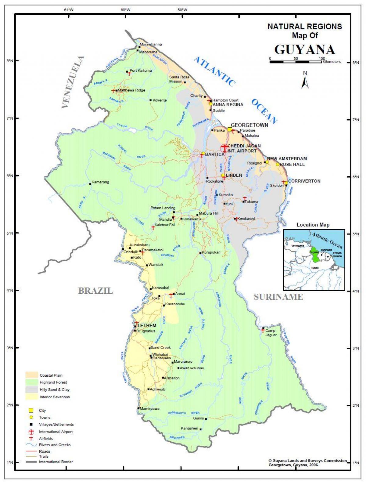 carte de la Guyane montrant les 4 régions naturelles