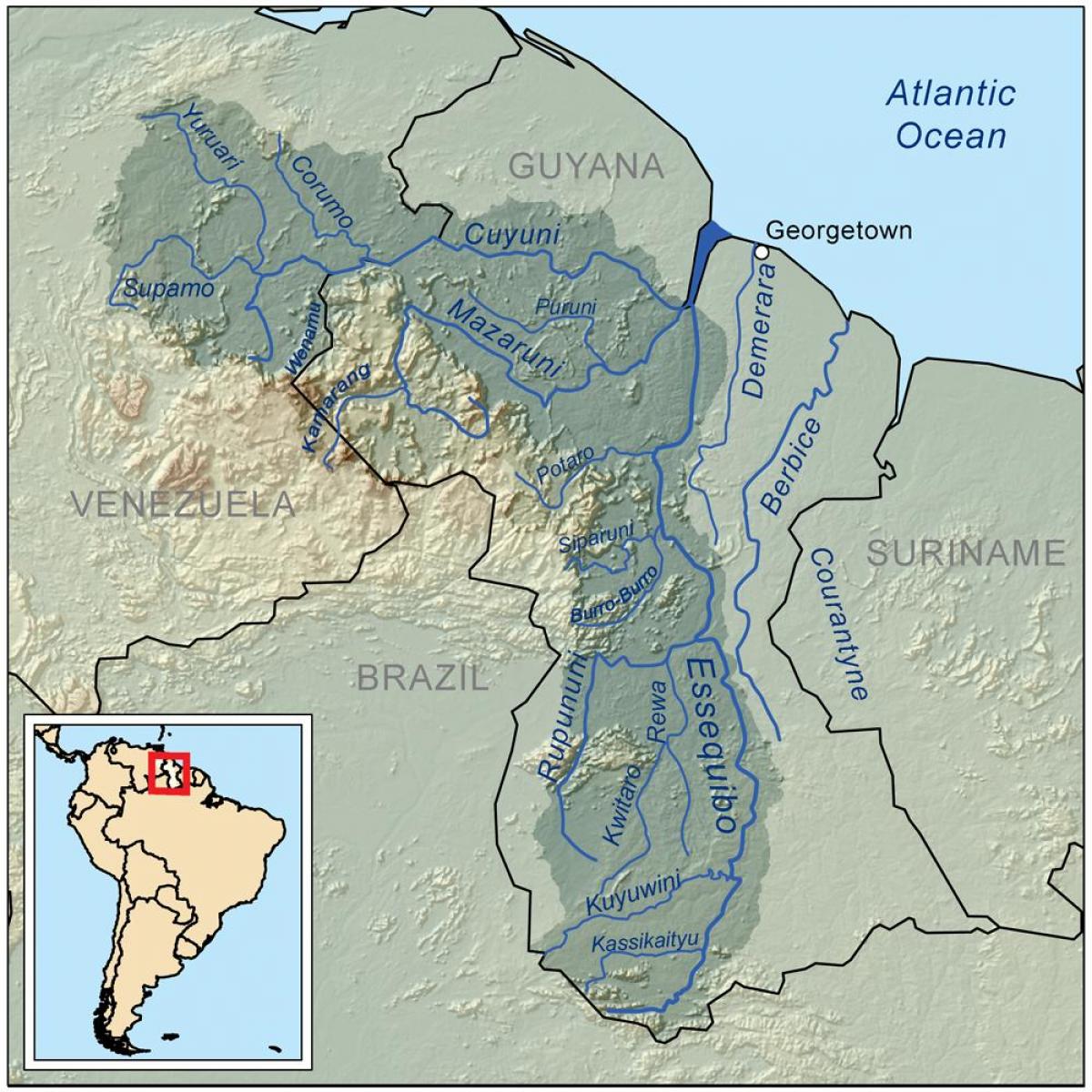 carte de la Guyane montrant les trois principales rivières