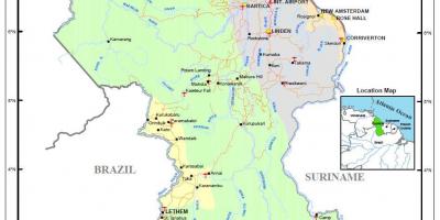 Carte de la Guyane montrant les 4 régions naturelles
