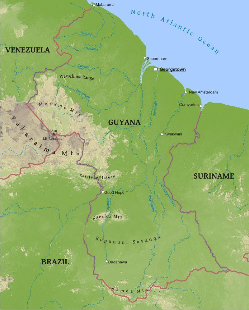 carte de la Guyane montrant la plaine côtière basse
