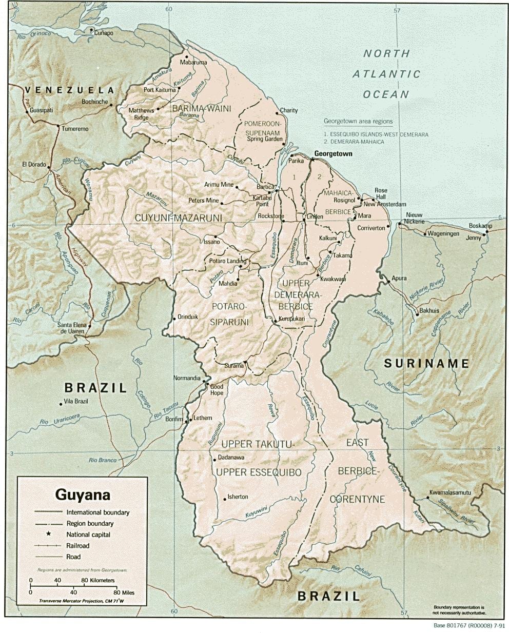 carte de la Guyane montrant les trois comtés