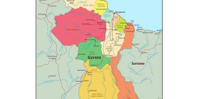 Carte de la Guyane montrant les 10 régions administratives